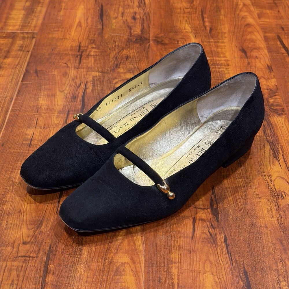 Vintage Bruno Magli Black Suede Leather Pumps Block Heel Shoes Womens Size 6.5 B